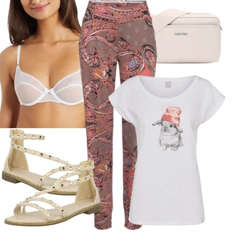 Svatební host Outfit s Hnědá/Červená/Fialová/Tmavě červená/Růžová Kalhoty s Potiskem/Mušelínové Kalhoty/Tradiční Kalhoty/Látková Kalhoty Lascana "Outfit na léto"
