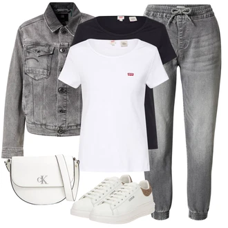 Džínovina Outfit s Šedá/Tmavě šedá/Světle šedá Boyfriend Džínové kalhoty/Zužující se Džíny/Termální Džíny/Pánské tričko/Kožená bunda/Dad Džíny/Sweat Džíny/Mom Jean/Girlfriend Džíny/Formální Košile Only "Outfit na léto"