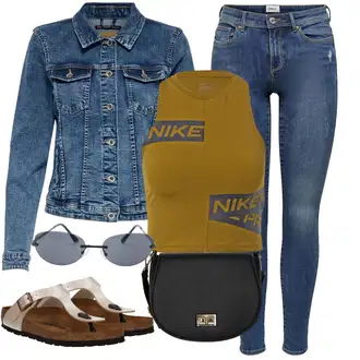 Outfity z džínu Rovná noha s Hnědá Sportovní tričko/Sportovní top Nike "Outfit na léto"