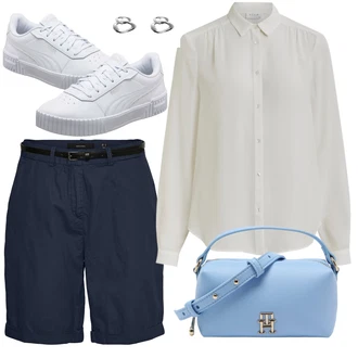 Outfit s Modrá/Tmavě Modrá Košile Chino Kraťasy/Pytlovitý Šortky/Bermuda/Mušelínové Šortky/Šortky VERO MODA "Outfit na léto"