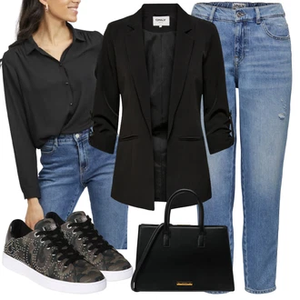 Outfity z džínu s Černá Blůzové Sako/Dlouhý Sako/Neformální Sako/Cargo Sako/Smokingové sako/Oversize Sako/Krátké Sako/Boyfriend Sako/Blejzrové Bund/Kožená Pánská Bund/Kožená bunda pro muže Only "Outfit na léto"