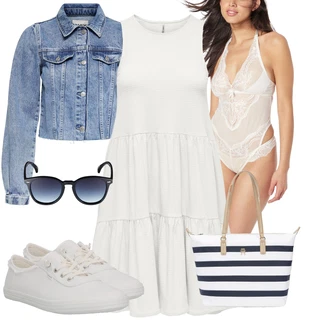 Outfit s Krémová/Šedá/Bílá Midi Šaty/Bavlněné Šaty/Šaty S Vysokým Výstřihem/Šaty Bez Rukávů/Šaty S Kosticí/Mušelínové šaty/Mullet šaty/Šaty Niki/Šaty Do Áčka Only "Outfit na léto"