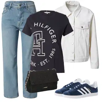 Outfity z džínu Rovná noha s Černá/Růžová/Tmavě zelená/Tmavě modrá Tričko s krátkým rukávem/Neformální tričko/Fancy tričko/Těhotenské tričko/Funkční tričko/Tričko s potiskem/Tréninkové tričko Tommy Hilfiger "Outfit na léto"