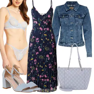 Outfity na zahradní párty Svatební host s Fialová/Modrá/Lilové barvy/Tmavě modrá Květinové Šaty/Dlouhé Letní Šaty/Maxi Šaty/Šaty S Potiskem/Šaty Na Ramínko/Midi Šaty About You, Světle modrá Sandál Na Podpatku/Sandál Na Širokém Podpatku/Letní Bota/Přezková bota/Pohodlná lodička/Sandál s podpatkem/Boty Mary Jane About You "Outfit na léto"