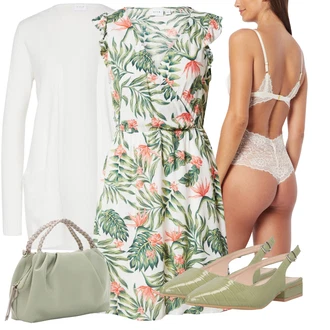 Výstřih na ramena Outfit s Zelená/Bílá Šaty S Potiskem/Letní Šaty/Ležérní Šaty/Šaty Bez Rukávů Vila "Outfit na léto"