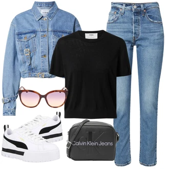 Moderní Outfit s Černá Pletené tričko/Síťované tričko/Zkrácený Top about you x marie von behrens "Outfit na léto"Look: Moderní, Unisex, Skromné, Francouzské, Klasické