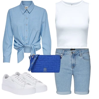 S Mašlí Outfit s Světle modrá/Modrá Zavazovací Halenka/Halenka S Mašlí/Halenkové Body/Džínsová Blůza Only "Outfit na léto"