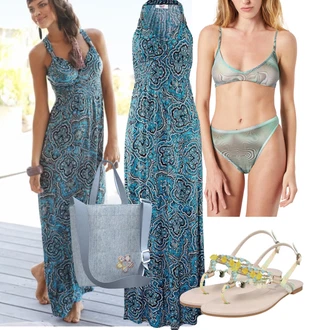 Slavnostní Outfit s Zelená/Tyrkysový/Modrá Dlouhé Šaty/Dlouhé Letní Šaty/Maxi Šaty Lascana "Outfit na léto"Look: Boho, Elegantní, Hippie, Jazz, Mom, Old Money, Příliš oblečený, Romantický, Univerzitní, Slavnostní