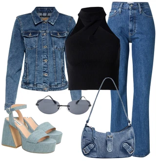 Outfity s oblekem s Světle Modrá/Modrá/Šedá Bezrukávní Šaty iiqual, Modrá/Světle Modrá Krátké Džínové Bundičky/Džínové Bund Only "Outfit na léto"