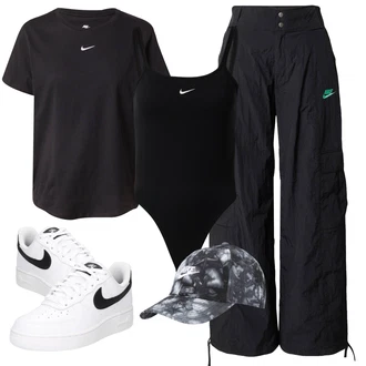 Outfity s kloboukem s ?erná Nike Sportswear, ?erná/Tmav? ?edá Tri?ko nadm?rné velikosti/Funk?ní tri?ko/Sportovní top/Tréninkové tri?ko Nike Sportswear, ?erná Top Se ?pagetovými Ramínky/Top bez ramínek/Tílko Nike Sportswear, Bílá/?erná/Modrá Skate Bota/Vintage teniska/Ko?ené tenisky/Nízká Teniska Nike Sportswear "Outfit na léto"