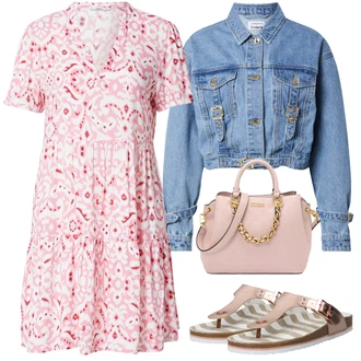 Outfity pro 18. narozeniny Host s Světle modrá/Modrá hoermanseder x about you , Růžová Šaty S Potiskem/Tunikové šaty/Halenkové Šaty/Letní Šaty/Občanské šaty/Šaty S Kosticí/Bavlněné Šaty/Šaty Niki Only, Béžová/Krémová/Růžová/Hnědá/Zlatý Žabka s klínovým podpatkem/Sandál Dianette/Žabka na podpatku/Letní Bota/Pohodlný Sandál/Sandál S T Páskem Tom Tailor "Outfit na léto"