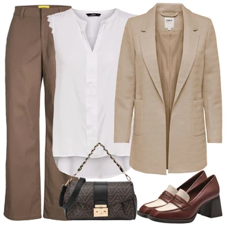 Elegantní Outfit s Bílá/Šedá/Hnědá Halenka Móda Pro Plnoštíhlou/Halenka a Tunika Tunika Only "Outfit na léto"Look: Styl, Lehký, Rad, Emo, 20 léta, Elegantní, Kancelář, Old Money, Příliš oblečený, S průsvitem
