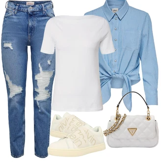 S Mašlí Outfit s Světle modrá/Modrá Zavazovací Halenka/Halenka S Mašlí/Halenkové Body/Džínsová Blůza Only "Outfit na léto"