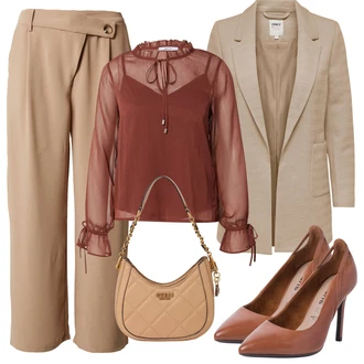 Elegantní Outfit s Červená/Hnědá/Vínová Kožená bunda/Průhledná blůza/Elegantní Halenka/Zavazovací Halenka/Rozverná blůza/Neobvyklá Halenka/Halenka s Kapucí/Halenka s Mašlí/Halenka s Trychtýřovým Límcem About You "Outfit na léto"Look: Styl, Boho, Romantický, S průsvitem, Elegantní
