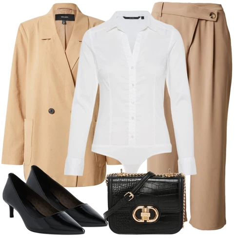 Kombinace Hnědá/Béžová/Khaki Plisovaná kalhoty/Široká Kalhoty/Mušelínové kalhoty/Palazzo Kalhoty/Paperbag Kalhoty About You kombinovat s Bílá/Krémová Halenka Slim Fit/Halenkové Body VERO MODA