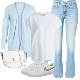 Streetwear Outfit s Zlatý/Krémová/Bílá/Modrá Teniska Skate Bota/Úzká Teniska/Kožené Tenisky/Nízká Teniska/Vintage Teniska Nike Sportswear "Outfit na léto"Look: Sportovní, Chytrý příležitostný, Streetwear, Estetika, Unisex, Klasické, Retro