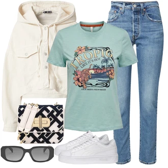 Styl Western Outfit s Světle modrá/Modrá Girlfriend Džíny/Zkrácené Džíny/Džíny s Rozparkem/Zužující se Džíny/Mom Jean/Vintage džíny/Dad Džíny/High Waist Džínové Kalhoty levi's ® "Outfit na léto"Look: 50. Let, Styl, 90tá léta, Vintage, Western