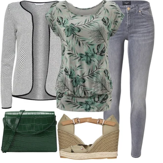 Outfity pro zábavu Tropický s Tmavě zelená/Zelená Halenek top/Pánské boty/Tričko s potiskem/Ležérní top/Krátký top/Top Na Party/Košilový top/Jednoduchý top/Halenka Bez Rukávů Lascana "Outfit na léto"