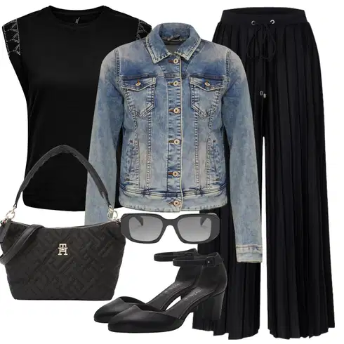 Kombinace Černá Kalhoty s nášivkou uprostřed/Plisovaná Kalhoty/Plisovaná kalhoty/Široká Kalhoty About You kombinovat s Světle modrá/Modrá Bunda Krátké Džínové Bundičky/Džínové Bund LTB