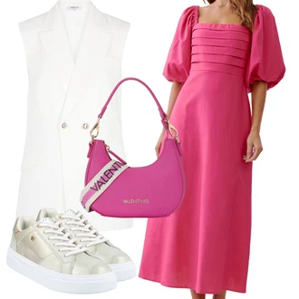 Elegantní Outfit s Růžová/Fialová/Červená Společenské šaty pro hosta/Občanské šaty/Midi Šaty/Šaty s nadýchaným rukávem tussah "Outfit na léto"Look: Old Money, Elegantní, Romantický, Burleska, Retro