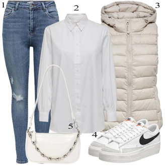 Outfit s Modrá/Bílá/Stříbrný/Světle šedá/Červená Nízká Teniska/Kožené Tenisky/Skate Bota/Teniska na platformě/Vintage Teniska/Letní Tenisky Nike Sportswear "Outfit na podzim"