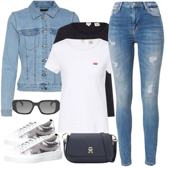 Italský Maxi Outfit s Modrá/Světle modrá Kožená bunda/Push up Džín/Kožené bundy/High Waist Džínové Kalhoty/Džíny s Dírou/Motorkářské Džíny/Džíny s Rozparkem LTB "Outfit na léto"Look: Styl, 90tá léta, Cool, Italský, Moderní, Krásný, Old Money