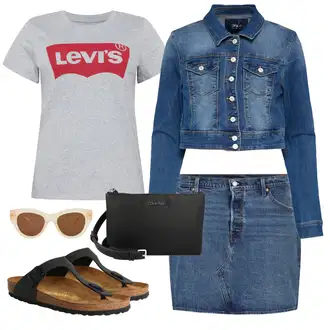 Džínovina Outfit s Tmavě modrá/Světle modrá/Modrá 90tá Léta Sukně/Džínová Sukně/Krátká Sukně/Džínová vintage sukně Levi''s® Plus "Outfit na léto"