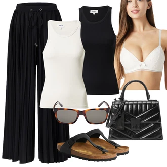 20 léta Outfit s Černá Kalhoty s nášivkou uprostřed/Plisovaná Kalhoty/Plisovaná Kalhoty/Široká Kalhoty About You "Outfit na léto"Look: 20 léta, Bad Taste, Šik, Cool, Elegantní, Kancelář, Old Money, Venkovní