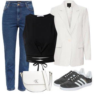 Outfity s oblekem s Modrá/Světle Modrá/Tmavě Modrá Mom Jean/Zužující se Džíny/Dámské Džíny s Délkou 7/8/Girlfriend Džíny/Kožené Boty/Zimní bunda/Kotníková Bota/Džíny Regular Fit/Džíny s Rozparkem/Navlékací džíny/Sportovní boty/Kožená bunda/Zkrácené Džíny/High Waist Džínové Kalhoty/Slim Fit Džíny/Push up Džín Pieces "Outfit na léto"