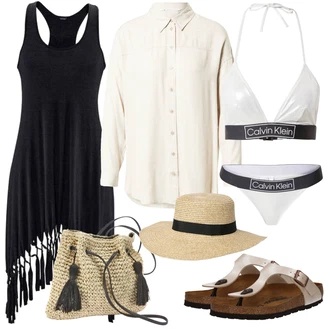 Outfit s Béžová/Krémová/Bílá Žabka na podpatku/Pohodlný Sandál/Sandál Dianette/Sandál S T Páskem Birkenstock "Outfit na léto"