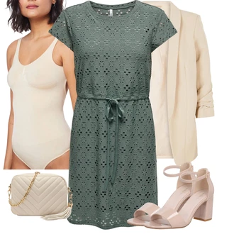 Outfity pro křest Léto s Béžová/Khaki Nezařazené Pieces, Růžová/Béžová/Hnědá/Khaki Nezařazené MAGIC Bodyfashion, Tmavě zelená/Zelená/Tyrkysový Letní Šaty/Tunikové šaty/Šaty s Páskem/Pouzdrové Šaty/Krajkové Šaty/Žerzejové Šaty/Ležérní Šaty/Pletené Šaty/Tričkové šaty/Občanské šaty Only, Bílá/Béžová/Khaki/Zlatý Pásková taška/Ledvinka/Klasická Taška Přes Rameno/Malá Taška/Taška na telefon/Brašna/Sportovní Taška Přes Rameno About You, Růžová/Hnědá/Béžová Sandál Na Podpatku/Sandál s podpatkem/Sandál Na Širokém Podpatku About You "Outfit v lehkých letních barvách"