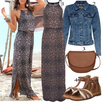 Outfit s Fialová/Hnědá Dlouhé Letní Šaty/Maxi Šaty/Šaty S Potiskem/Šaty S Rovným Střihem/Šaty s Rozparkem/Dlouhé Šaty/Společenské šaty pro hosta Lascana "Outfit na léto"