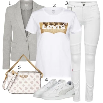 Motorka Outfit s Šedá/Bílá/Krémová Motorkářské Džíny Only "Outfit na léto"Look: Volný čas, Jízda na koni, Motorka