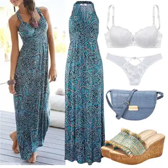 sviatočné Outfit sa Zeleno/Tirkizna/Plava Duga Ljetna Haljina/Duga Haljina/Maksi Haljina Lascana "Outfit za ljeto"Look: Rap, Old Money, sviatočné, Romantičan, Boho, Mom, Preodjeven, Elegantan, Jazz, Sveučilišna, Hippie