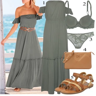 Dlouhé Outfit s Tmavě zelená/Světle zelená/Zelená Šaty Carmen/Společenské šaty pro hosta/Šaty S Odhalenými Rameny/Maxi Šaty/Dlouhé Letní Šaty Lascana "Outfit na léto"