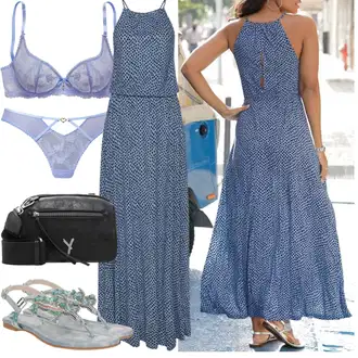 sviatočné Outfit sa Tamnoplava/Siva/Plava/Svjetloplava Maksi Haljina/Haljina na točkice/Duga Ljetna Haljina Lascana "Outfit za ljeto"Look: Lagano, 20-ih godina, sviatočné, Boho, Mom, Hippie, 30-ih godina, Preodjeven