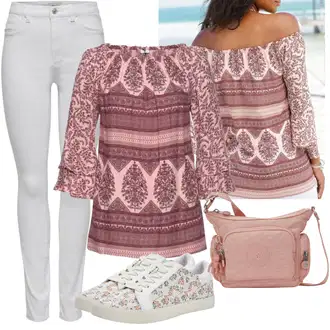 za srednje godine Outfit sa Pink/Ljubičasta Šarena košulja/Košulja od muslina/Ležerna košulja Lascana "Outfit za ljeto"Look: Stil, Lagano, Boja, Etno, za srednje godine, Western, Hippie, Boho, Talijanski, Preodjeven
