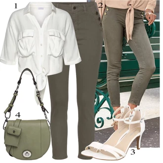 Outfity z džínu Vysoké Podpatky s Bílá/Krémová/Béžová Páskový Sandál/Sandál s podpatkem/Sandál Na Podpatku/Lodička S Páskem/Svatební Bota/Svatební bota/Přezková bota About You "Outfit na léto"