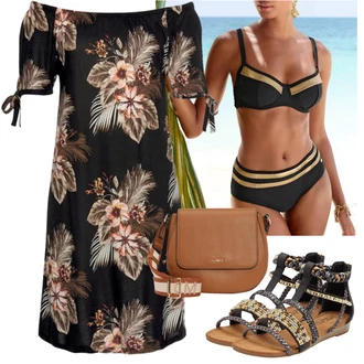Outfit sa Crna/Bež/Zeleno/Zlatni Bandeau Bikini/Bikini set Gornji Dijel Bikinija S Grudima/Gornji Dijel Bikinija S Trakom/Gornji Dio Bikinija Balconette/Bikini gornji dio sa žicom/Balconette Bikini/Push-Up Bikini/Push-up gornji dio bikinija/Kožni muški remeni Lascana "Outfit za ljeto"