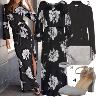 Elegantní Outfit s Černá/Červená/Růžová Maxi Šaty/Květinové Šaty/Šaty S Potiskem/Zavinovací Šaty/Šaty Niki/Občanské šaty/Společenské šaty pro hosta Lascana "Business Look pro dámy"Look: Old Money, Mom, Elegantní, Vintage, Příliš oblečený, Romantický, Boho, Premium, Slavnostní