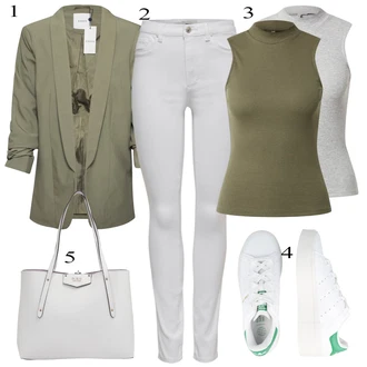 Kůže Outfit s Bílá/Krémová/Zelená Teniska na platformě/Nízká Teniska/Kožené Tenisky/Úzká Teniska/Letní Tenisky/Skate Bota Adidas Originals "Outfit na léto"