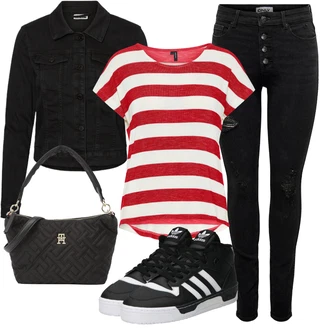 Punk Outfit s Černá Kožená bunda/Kožené bundy/Džíny s Rozparkem/Motorkářské Džíny/Push up Džín/Džíny s Dírou/High Waist Džínové Kalhoty Only "Perfektní na léto"Look: Styl, Cool, Francouzské, Venkovní, Punk, Bezešvé, Techno