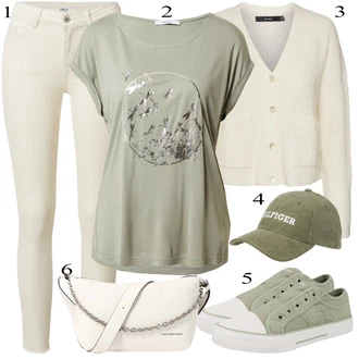 Outfit s Khaki/Krémová/Bílá/Béžová Kardigan Krátký svetr/Bavlněný svetr/Kašmírový kardigán/Letní svetr/Kardigán s výstřihem do V/Vintage svetr/Vlněný kardigán/Svetr boucle VERO MODA "Outfit na léto"