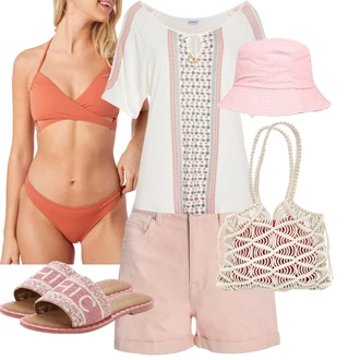 Zapínání na knoflíky Outfit s Růžová Košile Vysoký pas Kraťasy/Lněný kraťas/Šortky/Džínový Šortky/Mušelínové Šortky/Chino Kraťasy/Bermuda threadbare "Plážový outfit"