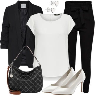 Outfit sa Crna Hlača sa Stremenom/Hlače Visokog Struka/Paperbag Hlača/Pletena Tajica VERO MODA "Poslovni Look"
