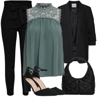 Outfit sa Crna Hlača sa Stremenom/Hlače Visokog Struka/Paperbag Hlača/Pletena Tajica VERO MODA "Poslovni look"