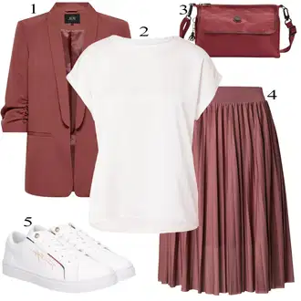 Outfit s Červená/Fialová/Růžová Křesťanská Sukně/Midi Sukně/Sukně do Délky Lýtka/Sukně Pro Matriku/Elastická Sukně/Moderní Sukně/Mačkaná Sukně/Sukně Pro Vysokou Školu/Krátká plisovaná sukně/Italská Sukně About You "Klasické vzhledy"