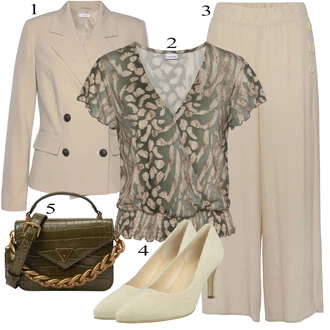 20 léta Outfit s Béžová/Hnědá/Khaki Široká Kalhoty/Culotte Kalhoty/Mušelínové Kalhoty/Marlene Kalhoty/Palazzo Kalhoty/Tradiční Kalhoty Lascana "Oblečení do kanceláře"Look: Traditional, 20 léta