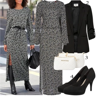 Elegantní Outfit s Šedá/Hnědá/Bílá/Tmavě šedá Šaty Niki/Šaty na Podzim/Občanské šaty/Zimní šaty s dlouhým rukávem/Košilové šaty/Šaty s Rozparkem/Šaty S Potiskem/Šaty s dlouhým rukávem/Maxi Šaty/Dlouhé pletené šaty Lascana "Oblečení do kanceláře"Look: 20 léta, Elegantní, Jazz, Mom, Old Money, Slavnostní