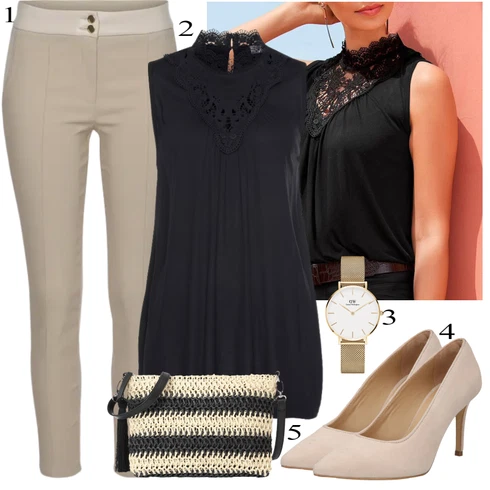 Kombinace Khaki/Béžová/Hnědá Kalhoty Jeggings/Skinny Kalhoty/Tregíny/Strečová Kalhoty/Úzká Kalhoty/Bengaline Kalhoty/Kalhoty s nášivkou uprostřed/Kalhoty se Štěrbinou Lascana kombinovat s Černá/Tmavě modrá/Tmavě šedá Top Halenka Bez Rukávů/Dlouhý Top Lascana